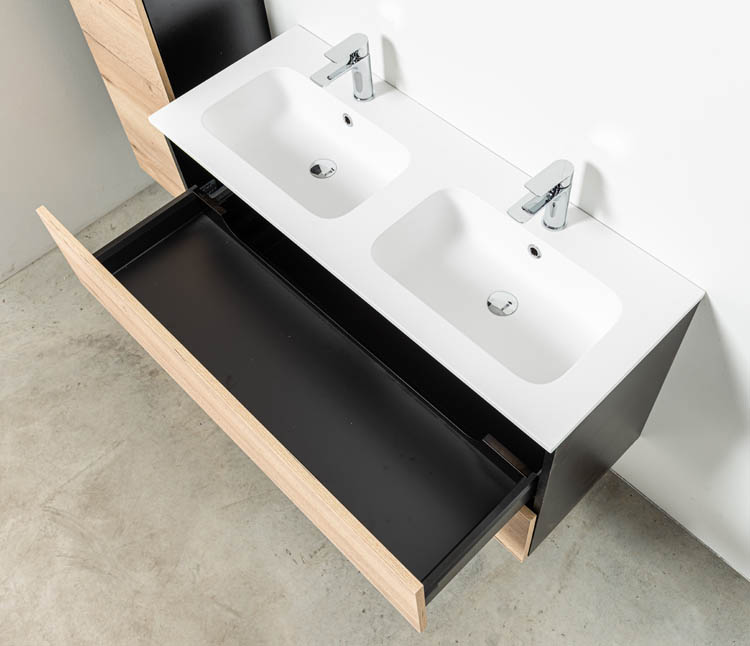 Meuble de salle de bain Dotan chêne/noir 1200 mm 2 lavabo porcelaine brillant