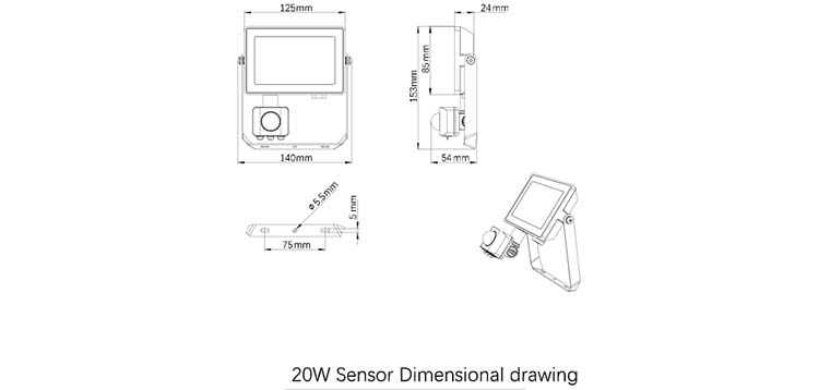 Ledstraler buiten projectline zwart + sensor 20W