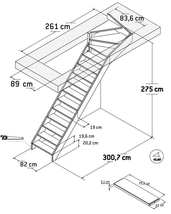 Escalier hêtre Berlijn avec quart tournant haut gauche