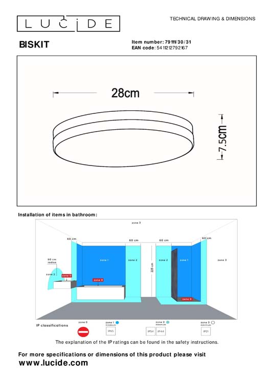 Lucide BISKIT - Plafonnière Badkamer - Ø 28 cm - LED - 1x18W 2700K - IP44 - Wit