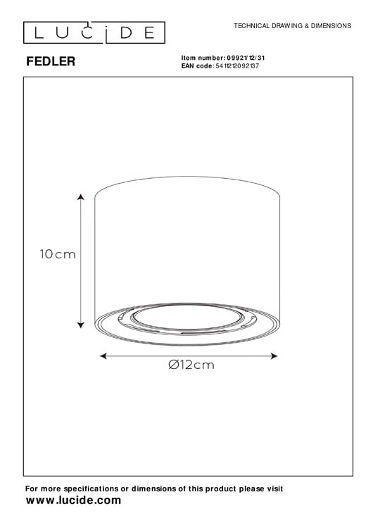 Spot plafond - Ø 12 cm - LED Dim to warm - GU10 - 1x12W 3000K/2200K - Blanc