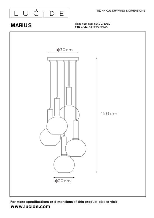 Lucide MARIUS - Suspension - Ø 55 cm - 5xE27 - Noir