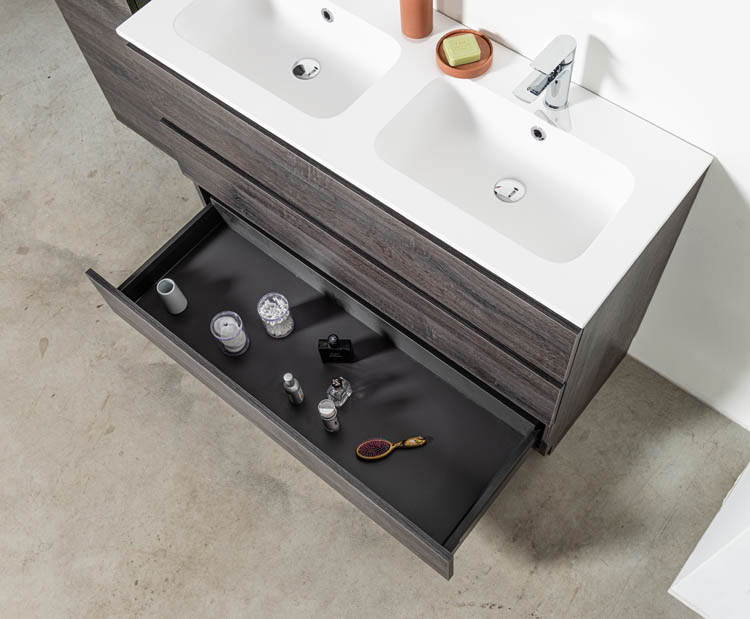 Meuble de salle de bain Dotan chêne foncé 1200 mm sur pied 2 lavabo brillant