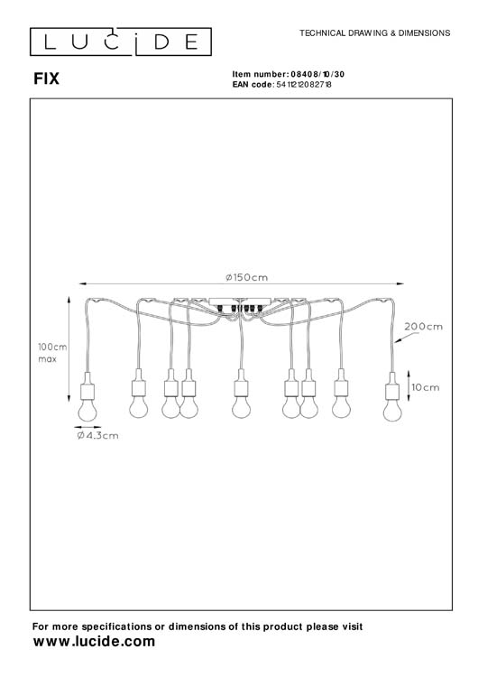 Lucide FIX MULTIPLE - Hanglamp - 10xE27 - Zwart