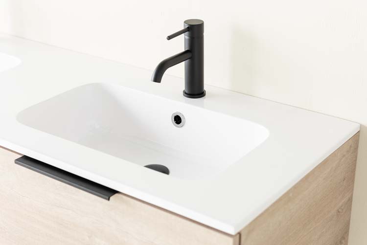 Meuble de salle de bain Plato chêne 1400 mm 4 tiroirs, vasque blanc mat