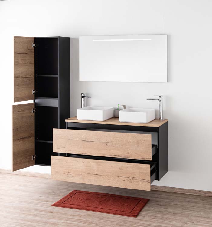 Meuble de salle de bain Dotan chêne/noir 1200 mm tablette en saillie melamine