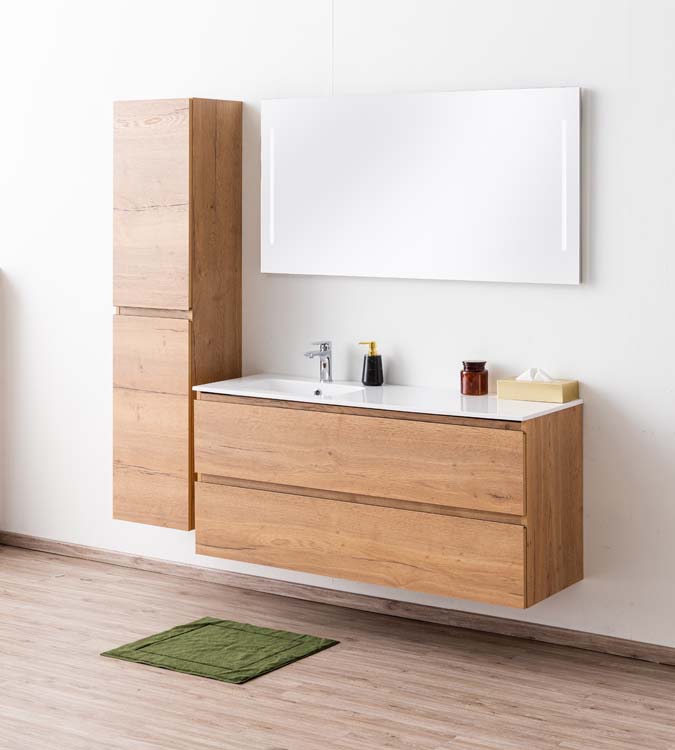 Meuble de salle de bain Daria chêne brun doré 1400 mm lavabo brillant gauche