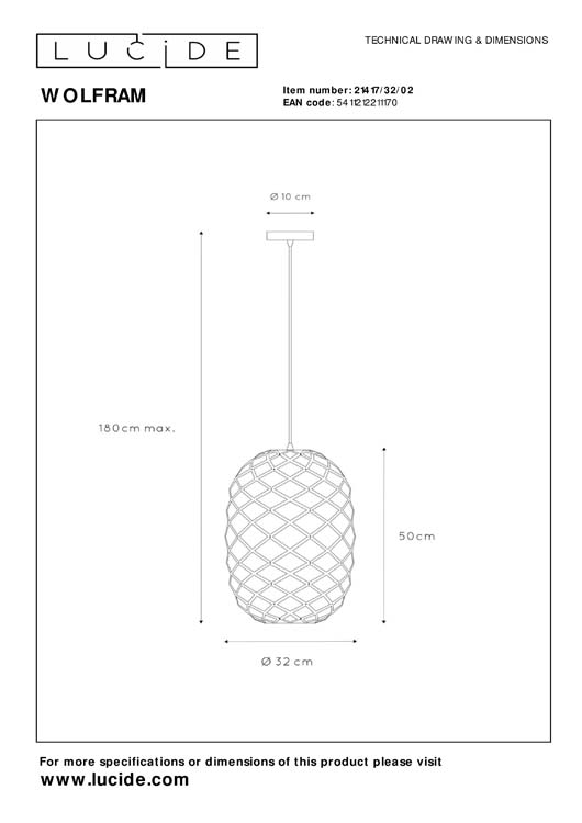 Lucide WOLFRAM - Suspension - Ø 32 cm - E27 - Or Mat