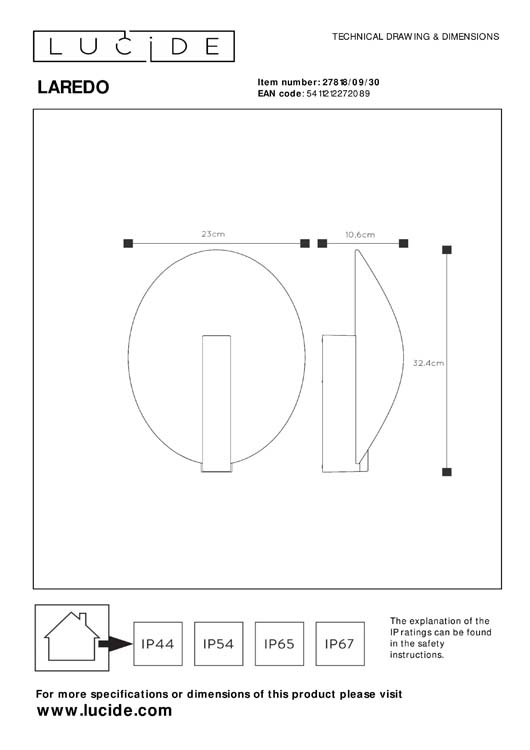 Lucide LAREDO - Applique murale Extérieur - LED - 1x9W 2700K - IP54 - Noir