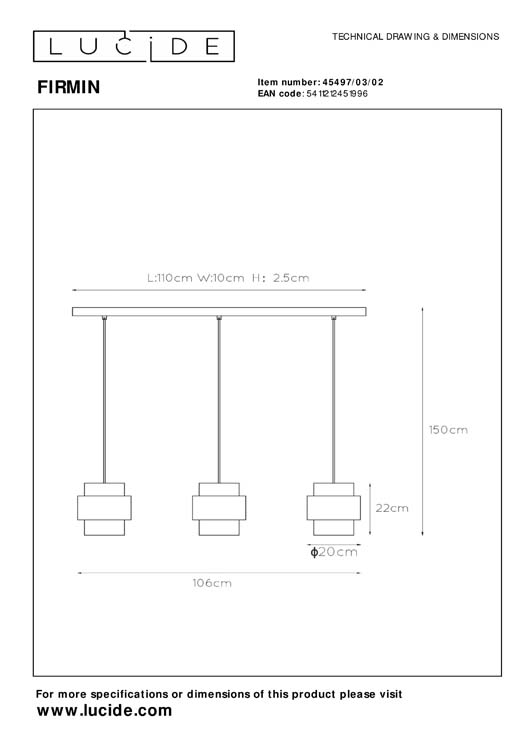 Lucide FIRMIN - Hanglamp - 3xE27 - Mat Goud / Messing