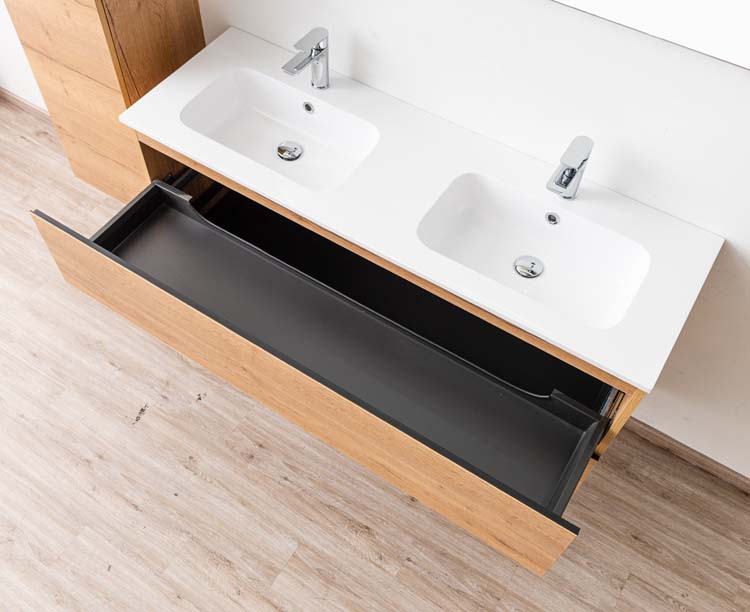 Meuble de salle de bain Daria chêne brun doré 1400 mm 2 lavabo brillant