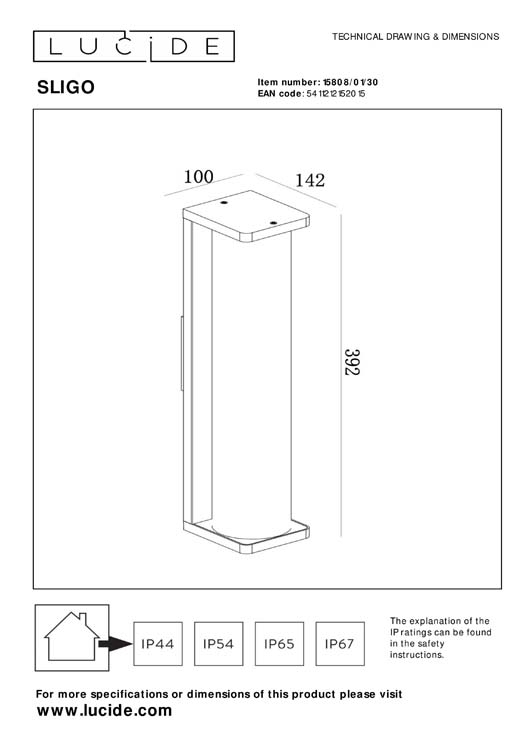 Lucide SLIGO - Wandlamp Buiten - E27 - IP65 - H39.2cm - Zwart