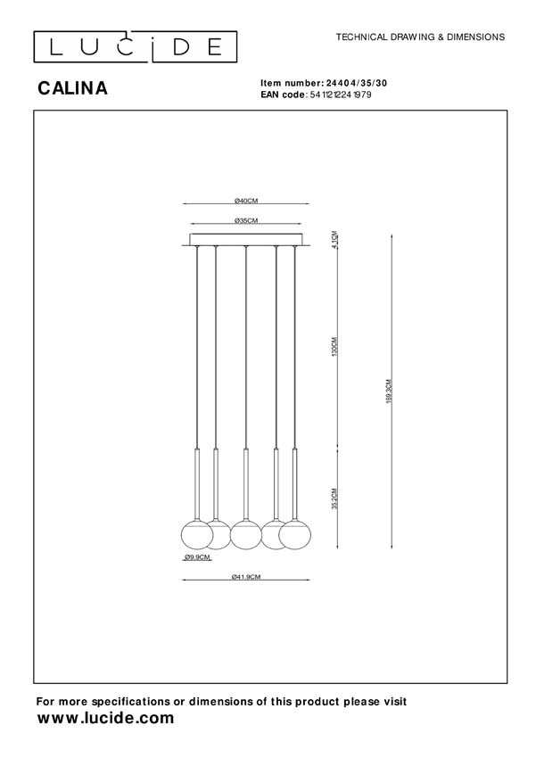 Lucide CALINA - Hanglamp - Ø 42 cm - LED Dimb. - 5x8,2W 2700K - Zwart