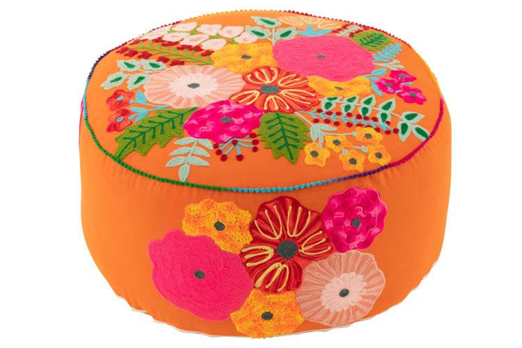 Poef rond oranje met bloemenprint 50 x 50 cm