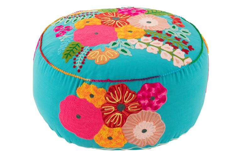 Pouf rond bleu avec motif floral 50 x 50 cm