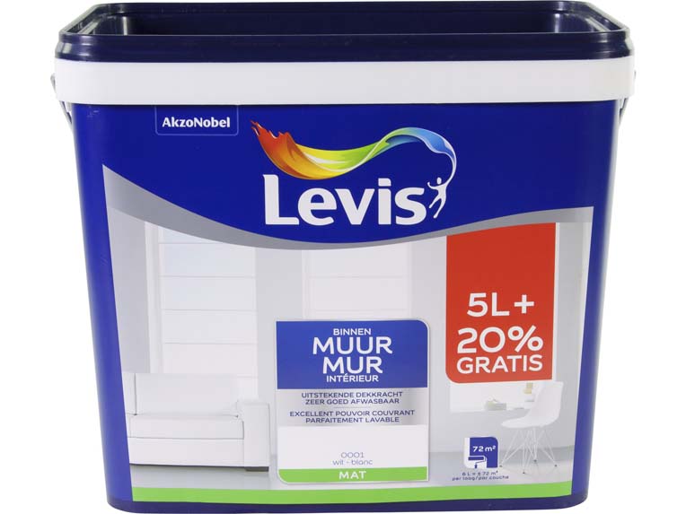 Levis Muur muurverf mat wit 5L+20% GRATIS