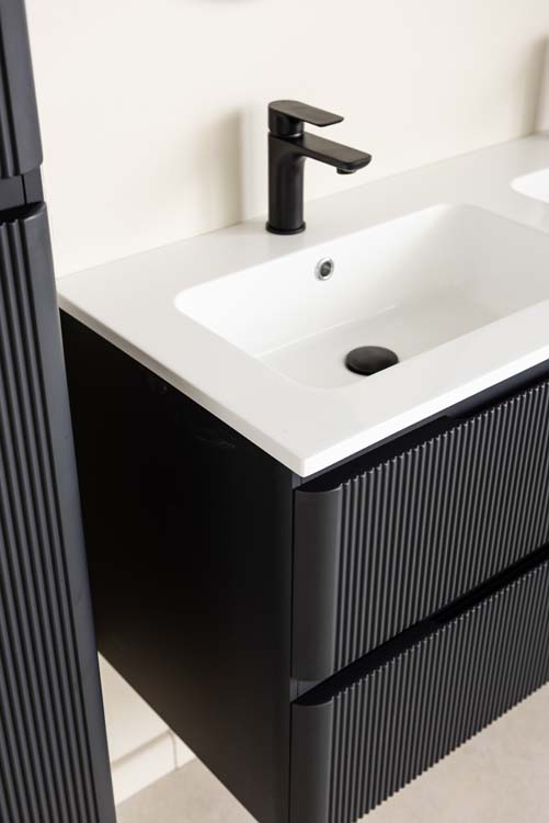 Meuble de salle de bain Julia noir mat 2 tiroirs 1200 mm lavabo blanc brillant