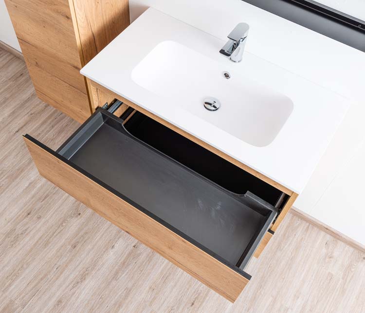 Meuble de salle de bain Daria chêne brun doré 900 mm lavabo mat