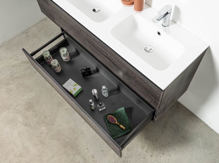 Meuble de salle de bain Dotan chêne foncé 1200 mm 2 lavabo brillant