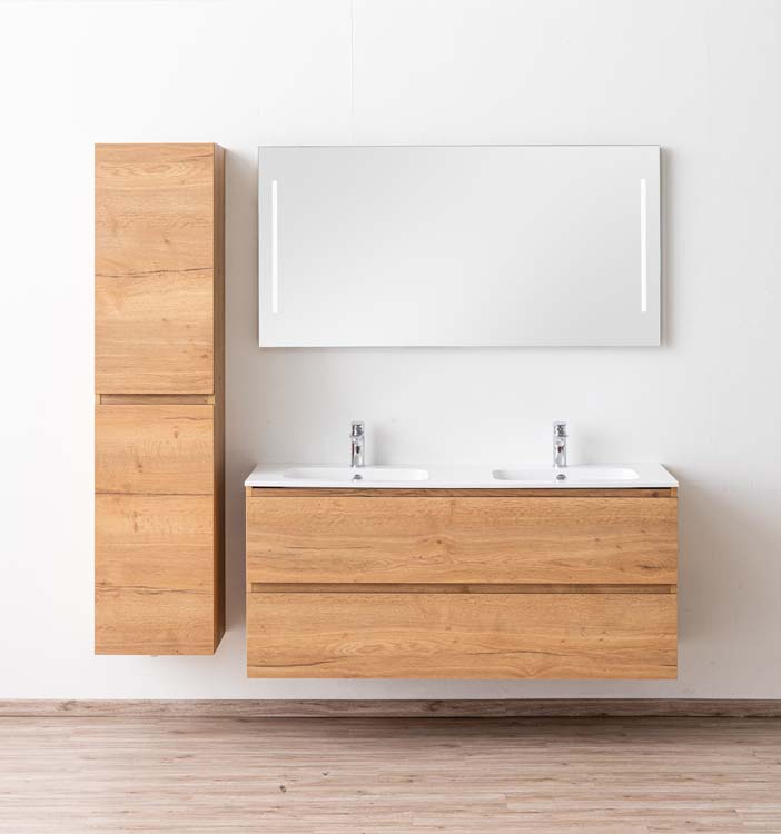 Meuble de salle de bain Daria chêne brun doré 1400 mm 2 lavabo brillant