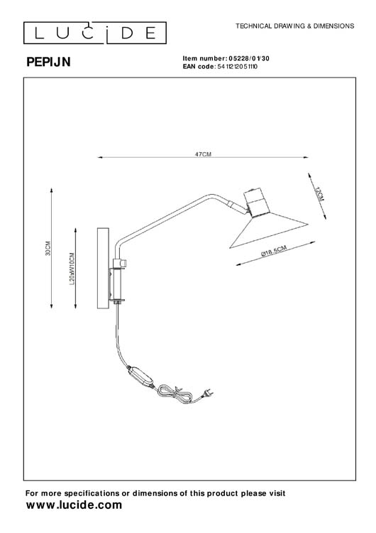 Lucide PEPIJN - Wandlamp - E14 - 3 StepDim - Zwart