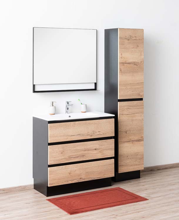 Meuble Dotan noir/chêne 900 mm sur pied lavabo blanc