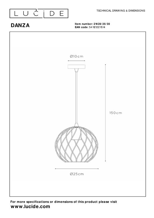 Lucide DANZA - Hanglamp - Ø 25 cm - 1xE27 - Zwart