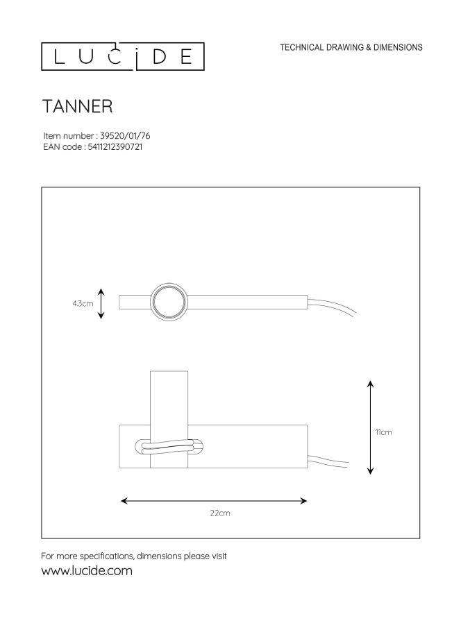 TANNER Lampe de Table 1x E27 60W H11cm Noir/Bois