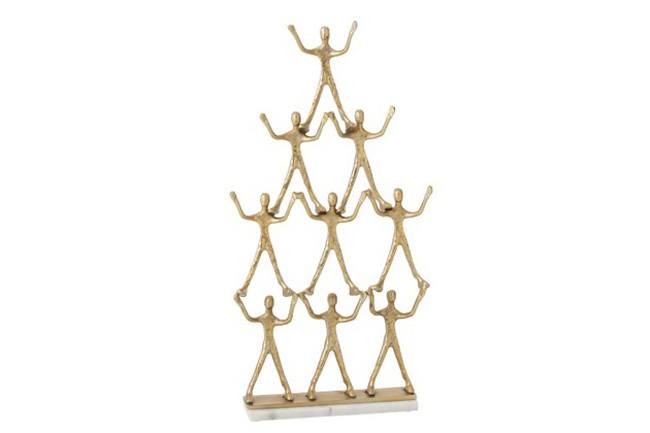 Beeld piramide 9 personen aluminium en marmer goud-wit