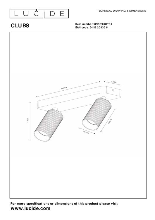 Lucide CLUBS - Spot plafond - 2xGU10 - Blanc