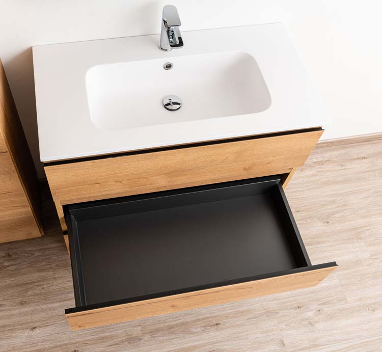 Meuble de salle de bain Daria chêne brun doré 900 mm sur pied lavabo mat