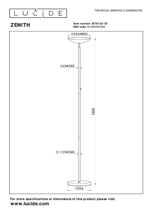 Lucide ZENITH - Lampadaire - LED Dim. - 1x20W 3000K - Noir