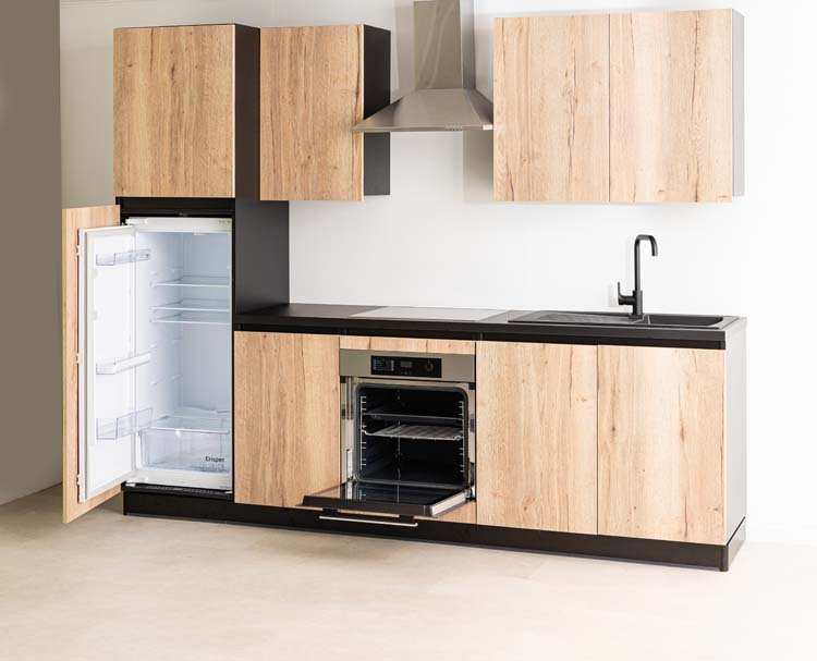 Cuisine Plenti 270cm - four en bas - avec appareils - noire-aspect bois