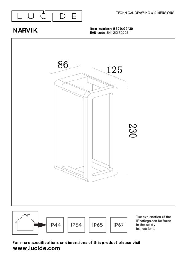 Lucide NARVIK - Wandlamp Binnen/Buiten - LED - 1x9,2W 3000K - IP65 - Zwart