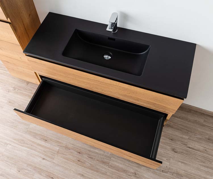 Meuble de salle de bain Daria chêne brun doré 1200 mm sur pied 1 lavabos noir mat