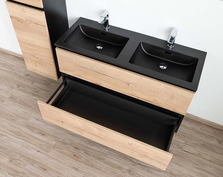 Meuble de salle de bain Dotan chêne chêne/noir 1200 mm 2 lavabo mat noir