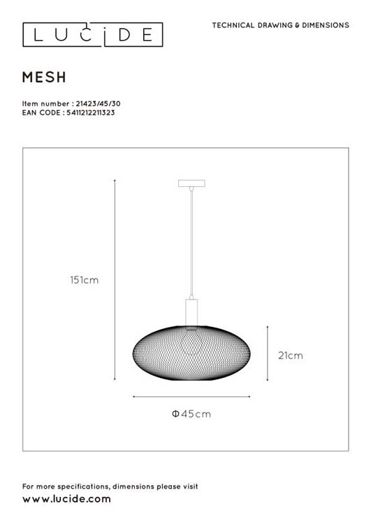 Lucide MESH - Hanglamp - Ø 45 cm - 1xE27 - Zwart