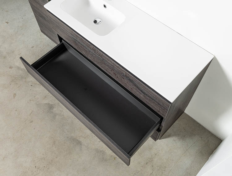 Meuble de salle de bain Dotan chêne foncé 1200 mm sur pied lavabo brillant gauche