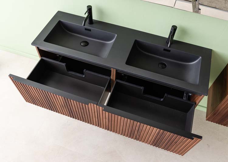 Meuble de salle de bain Soetkin noyer 2 tiroirs 1400 mm lavabo noir