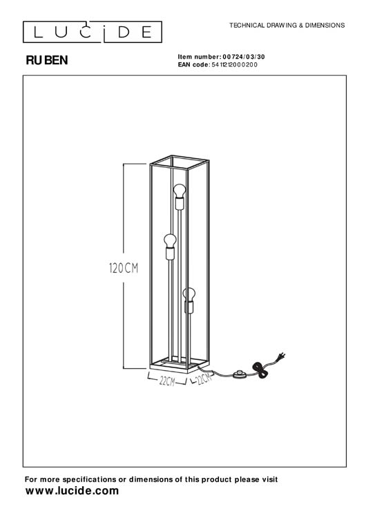 Lucide RUBEN - Vloerlamp - 3xE27 - Zwart