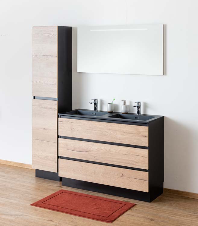 Meuble salle de bain Dotan noir/chêne 1200mm debout 2 lavabos noir