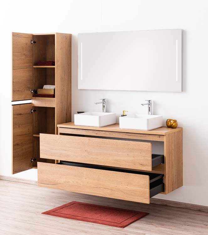 Meuble de salle de bain Daria chêne brun doré 1400 mm tablette en saillie melamine