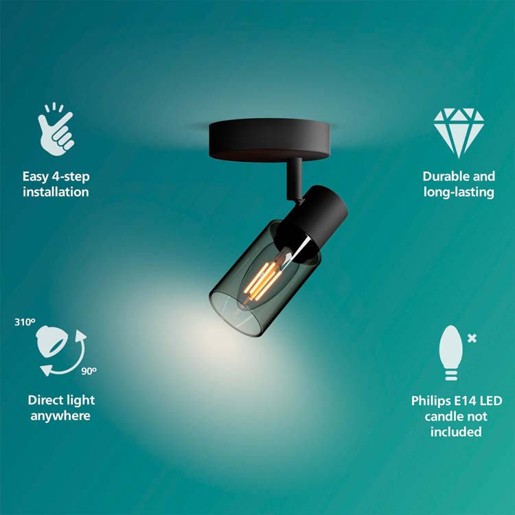 Spot plafond/mur - verre long - dimmable - E14 - 1x25W - lampe excl - noir