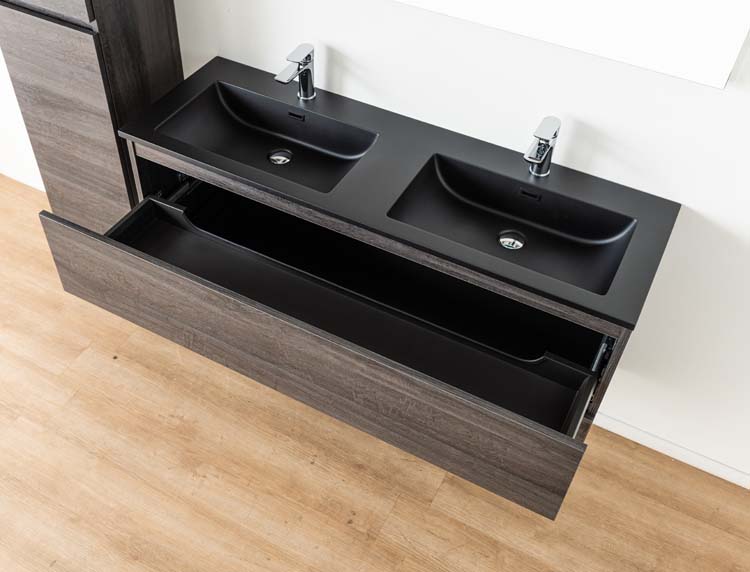 Meuble de salle de bain Dotan chêne foncé 1400 mm 2 lavabo mat noir