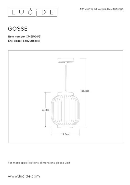 Lucide GOSSE - Suspension - Ø 19,5 cm - 1xE27 - Blanc