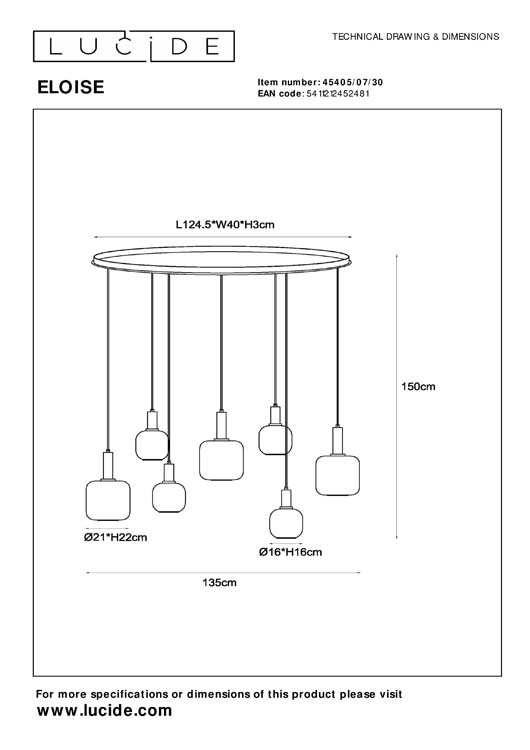 Lucide ELOISE - Suspension - 7xE27 - Noir