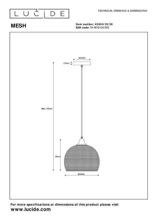 Hanglamp - Ø 22 cm - E27 - Zwart