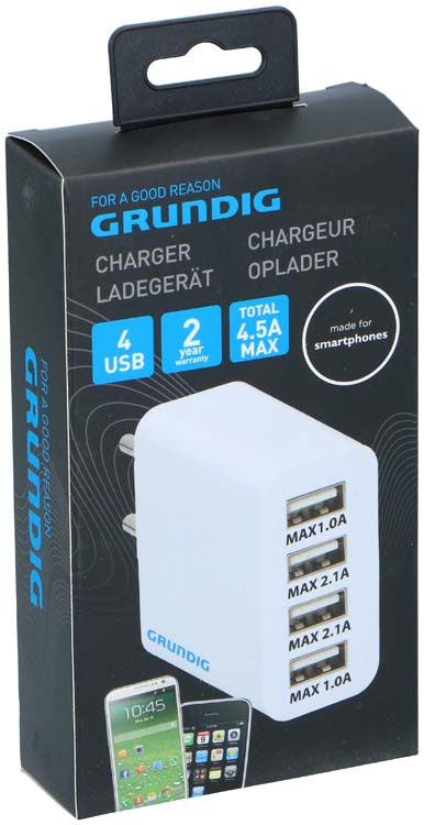 USB lader 4 poorten 230V Grundig 4x2.2x7 cm