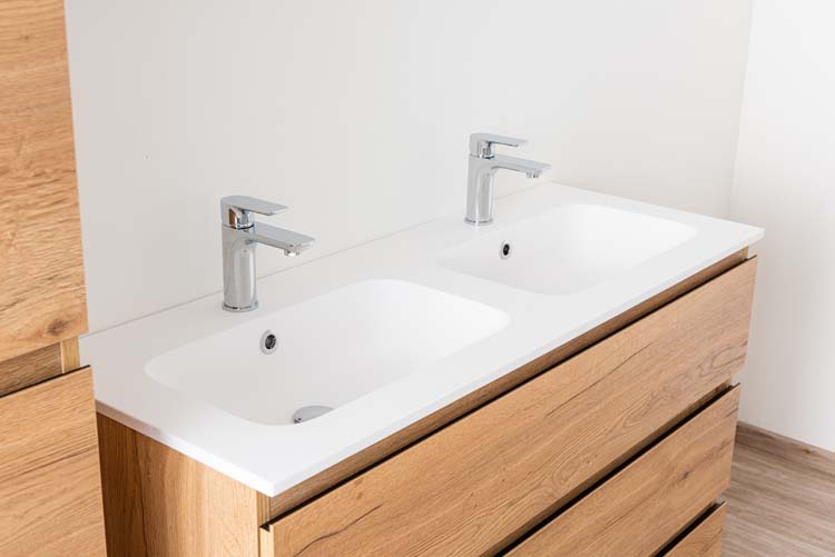 Meuble de salle de bain Daria chêne brun doré 1200 mm sur pied 2 lavabo mat