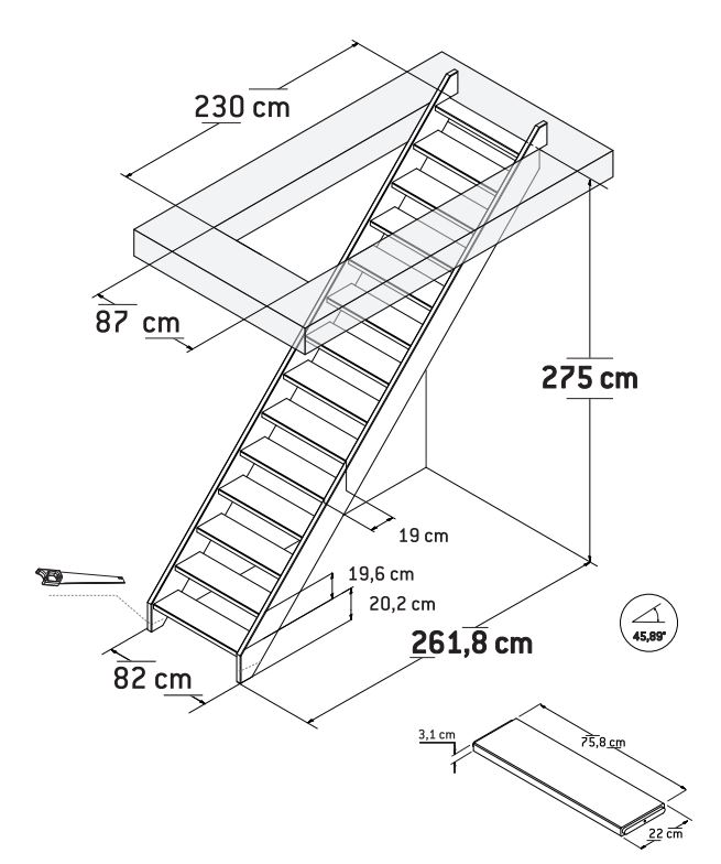 Escalier fermé chêne Dresden droit 275x82cm